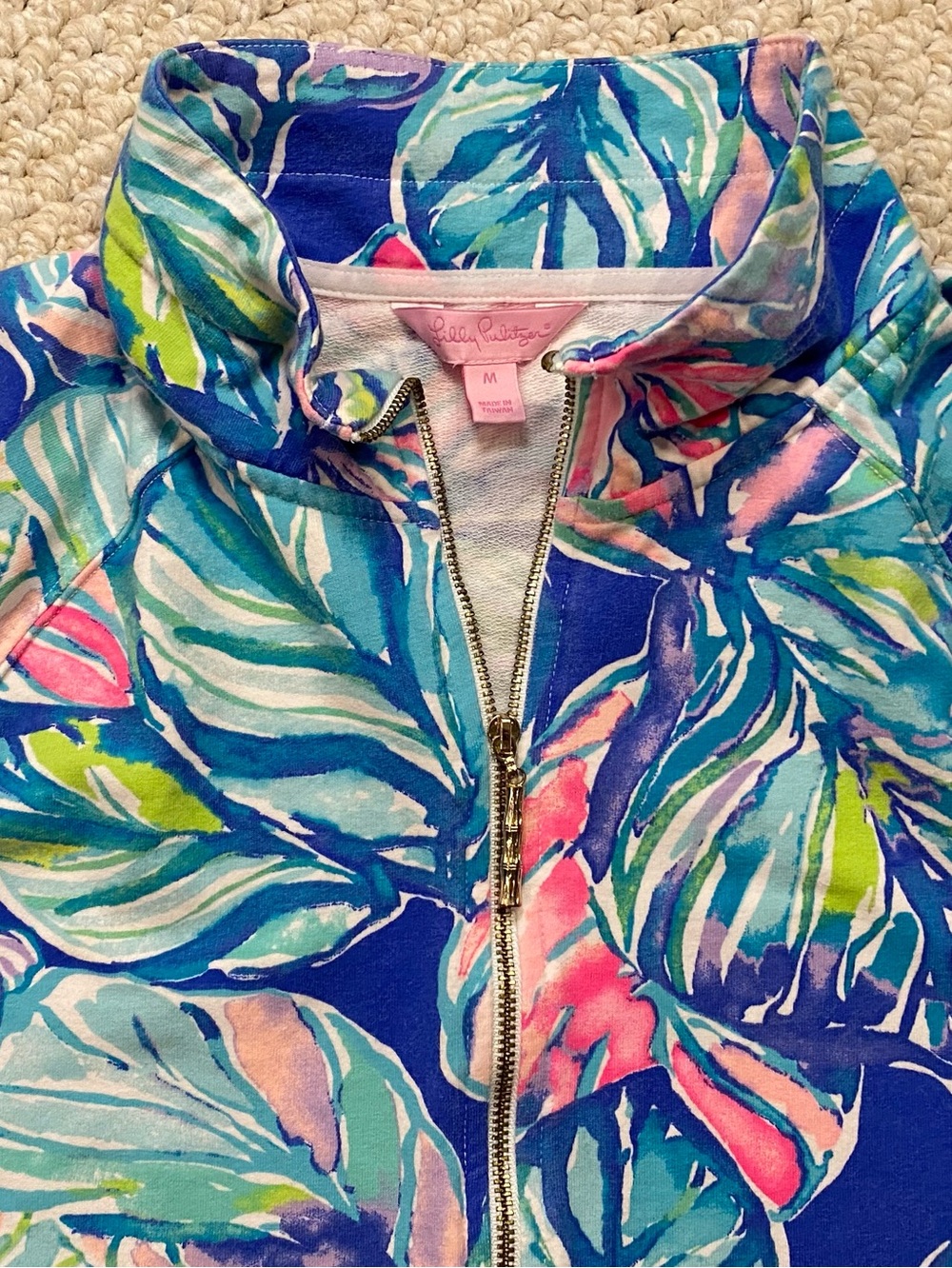 Lilly Pulitzer Blue Tropical Leaf Half-Zip Pullover - Picture 3 of 7